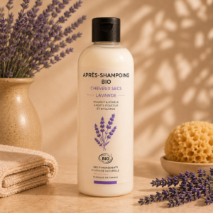flacon d'après-shampoing cheveux secs bio